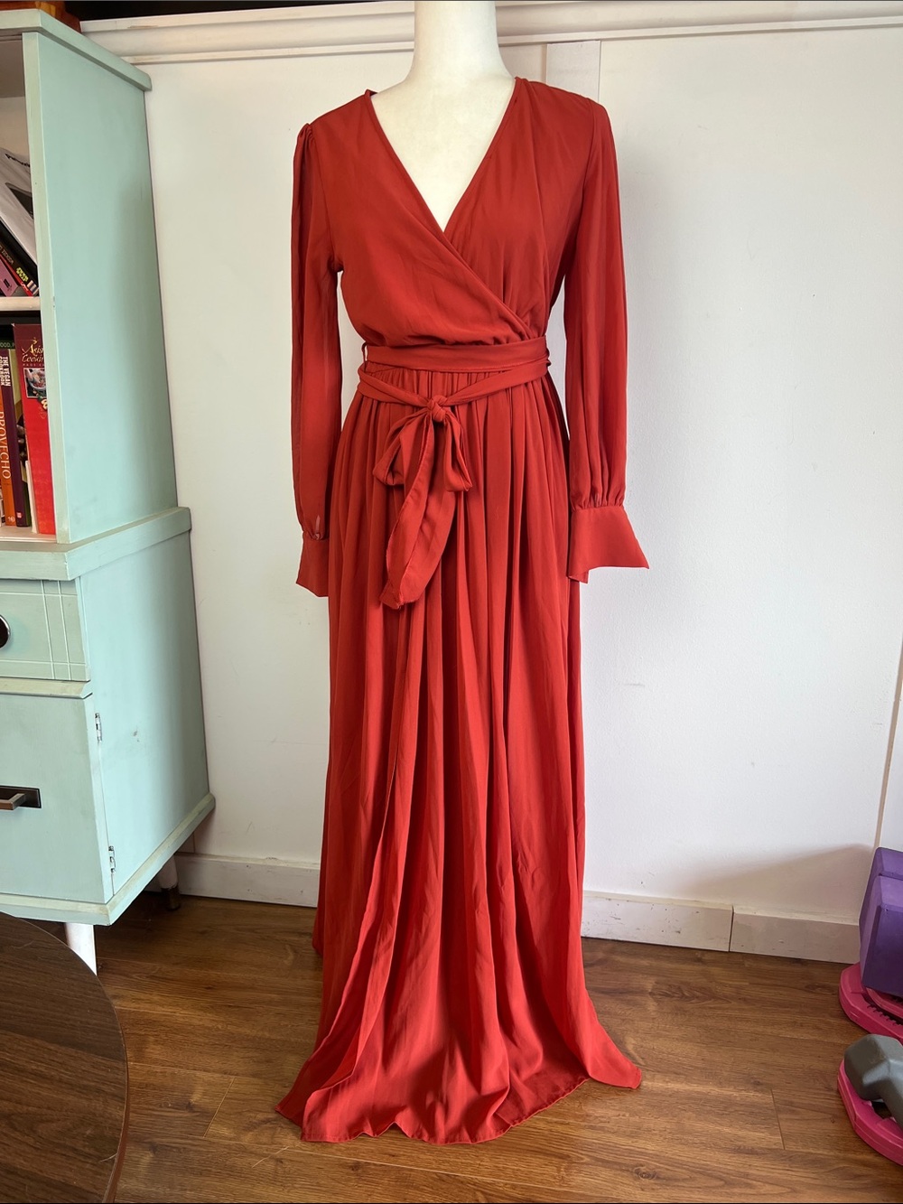 Baltic Born Rust Red Long Sleeve Faux Wrap Maxi Dress